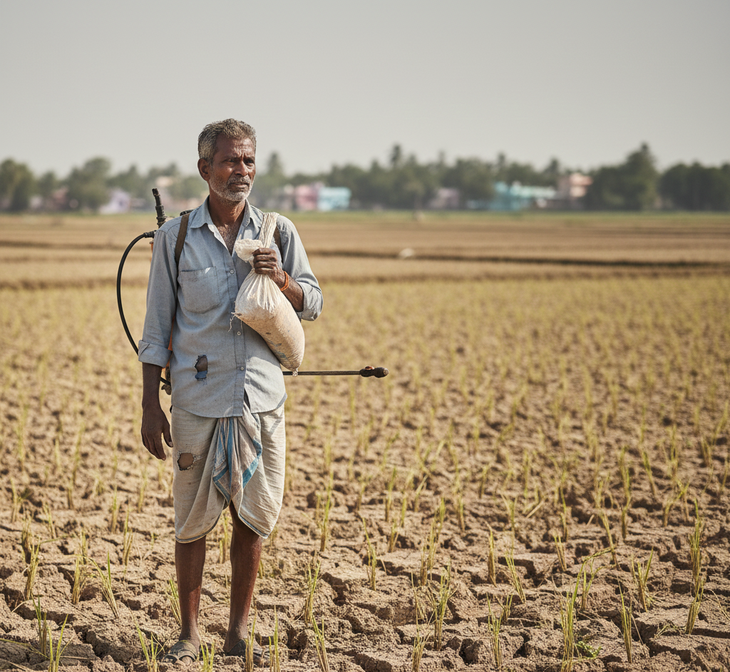 Indian farmer before adopting natural farming, using chemical-based agriculture supported by AN Vetha Groups